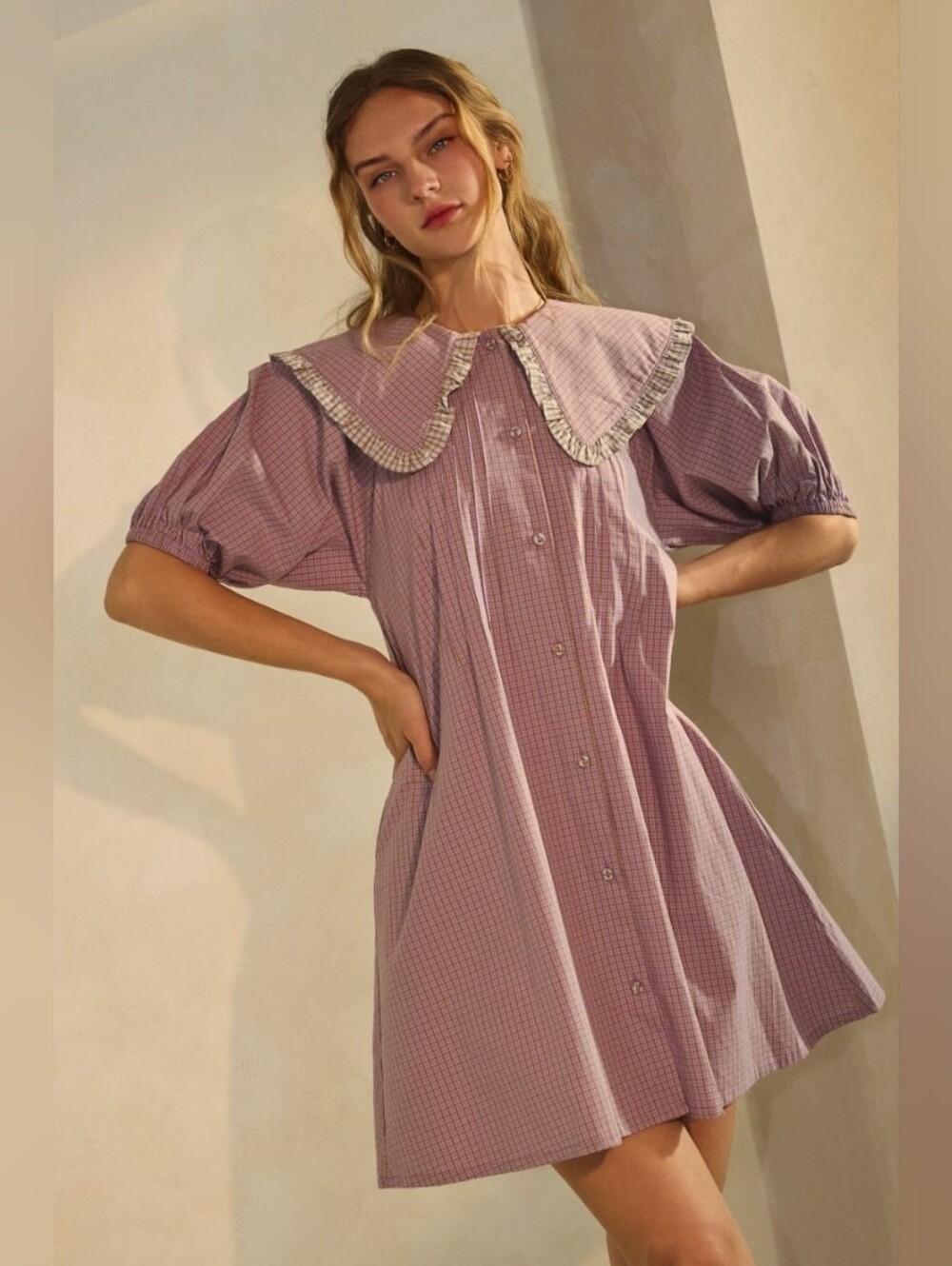 Retro Mod Lavender Checked Button-Front Mini Dress with Ruffled Collar - Picture 4 of 7
